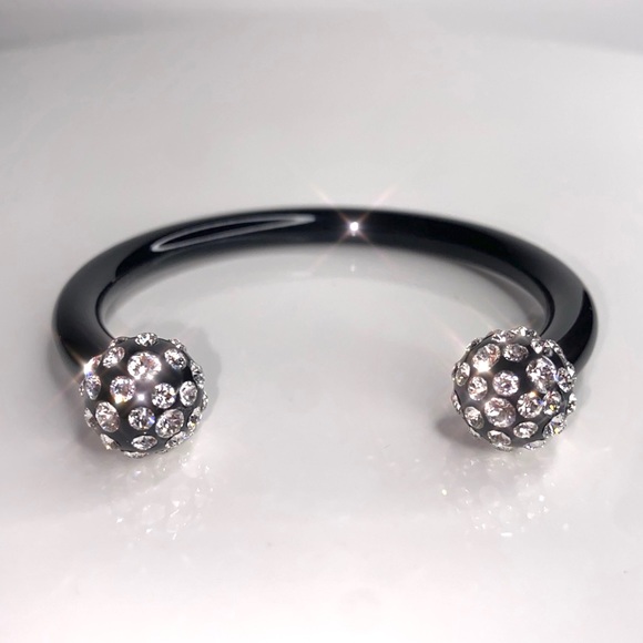 Trendy Black Acrylic Cuff Bracelet, Double Ball End Crystal Rhinestone Cuff, New - Picture 4 of 8